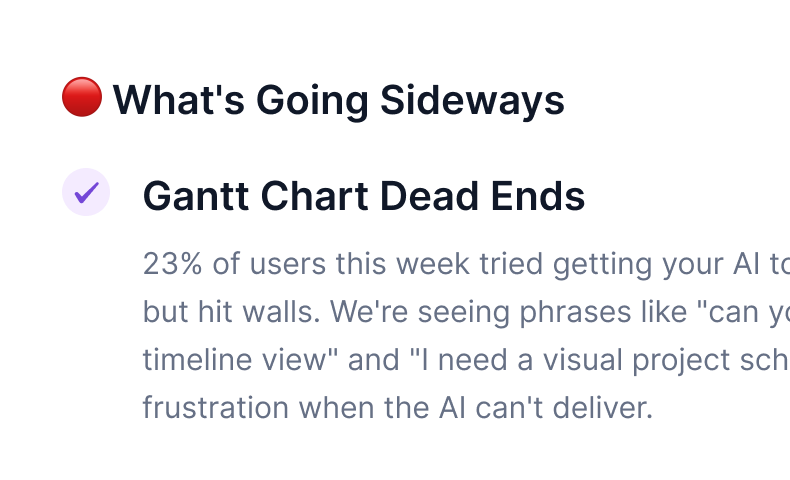 AI-powered feedback analysis email showing user quote and suggested feature recommendations